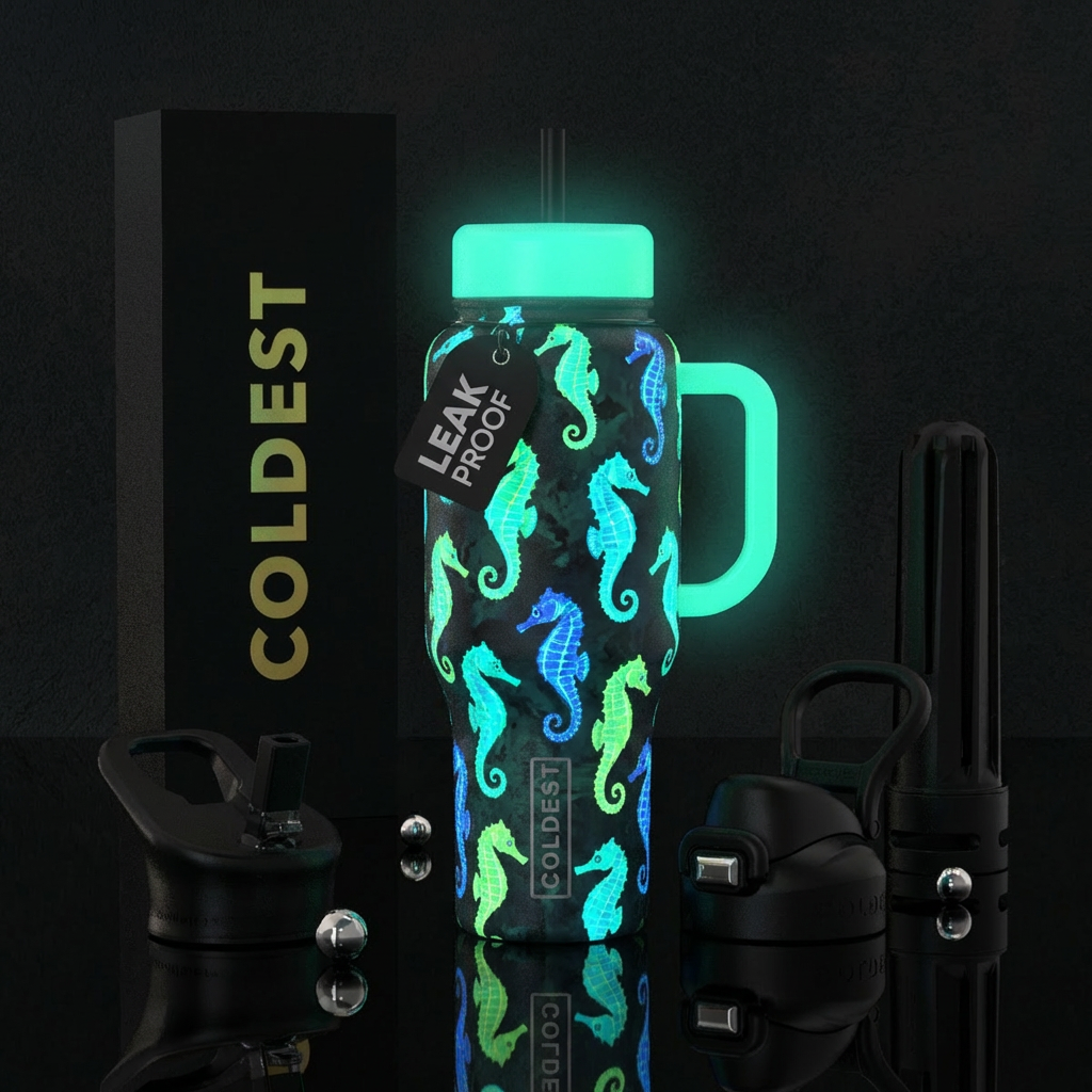 Glowy seahorse water bottle design