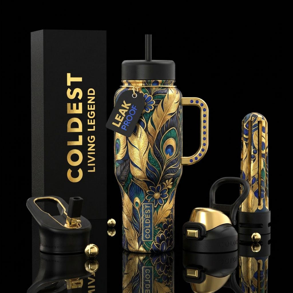 Golden peacock feathers water bottle design