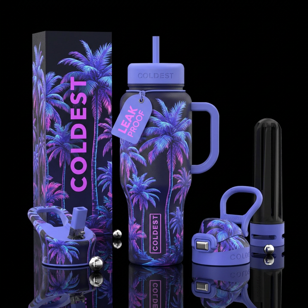 Palm tree art water bottle design
