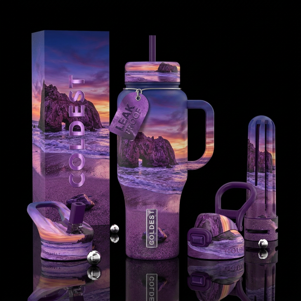 Purple beach water bottle design