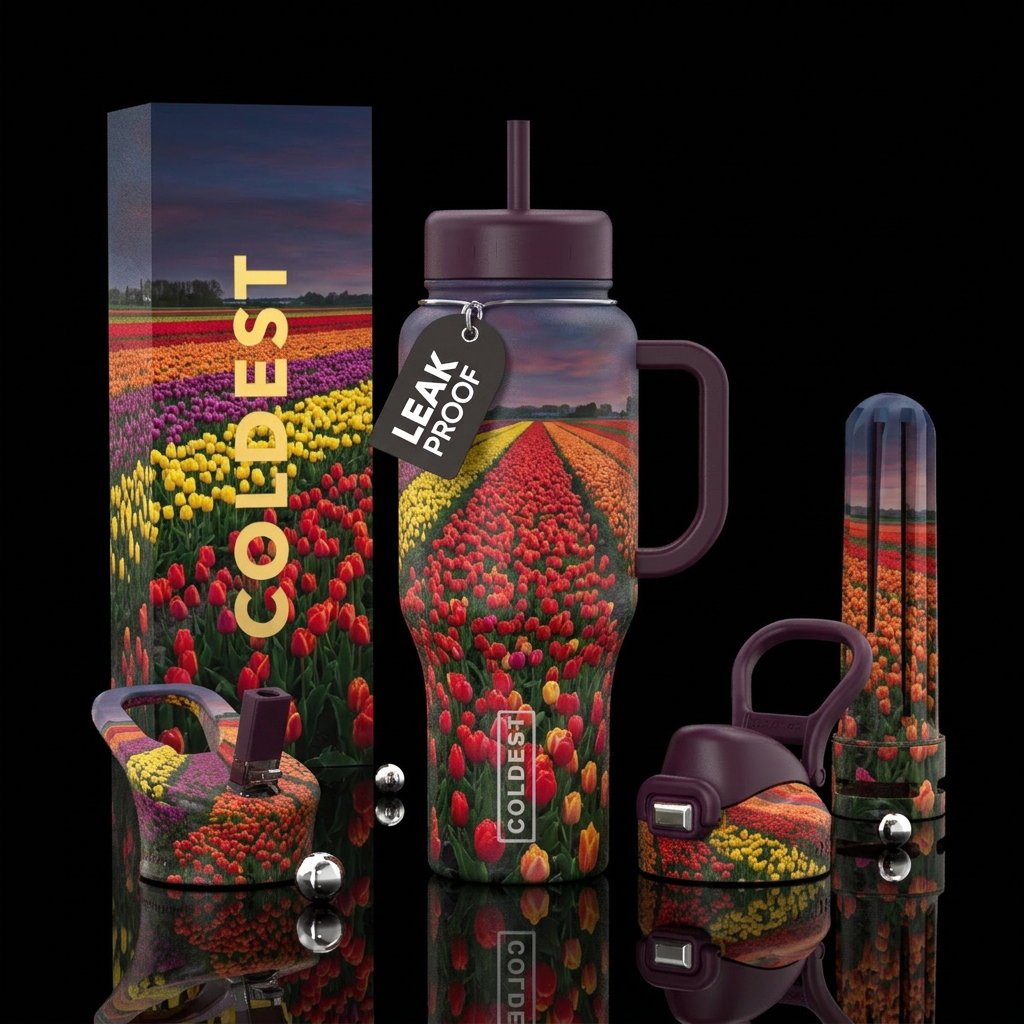 Colorful tulip fields,... water bottle design