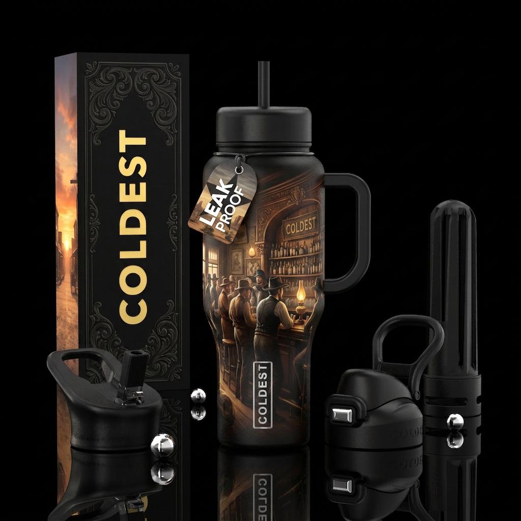 Old west bar water bottle design