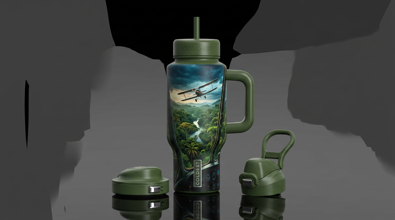 A pilot flying over the Amazon rainforest water bottle design