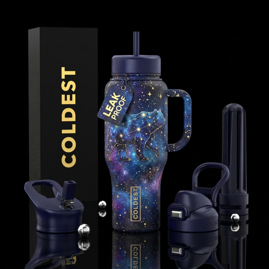 Starry night bear water bottle design