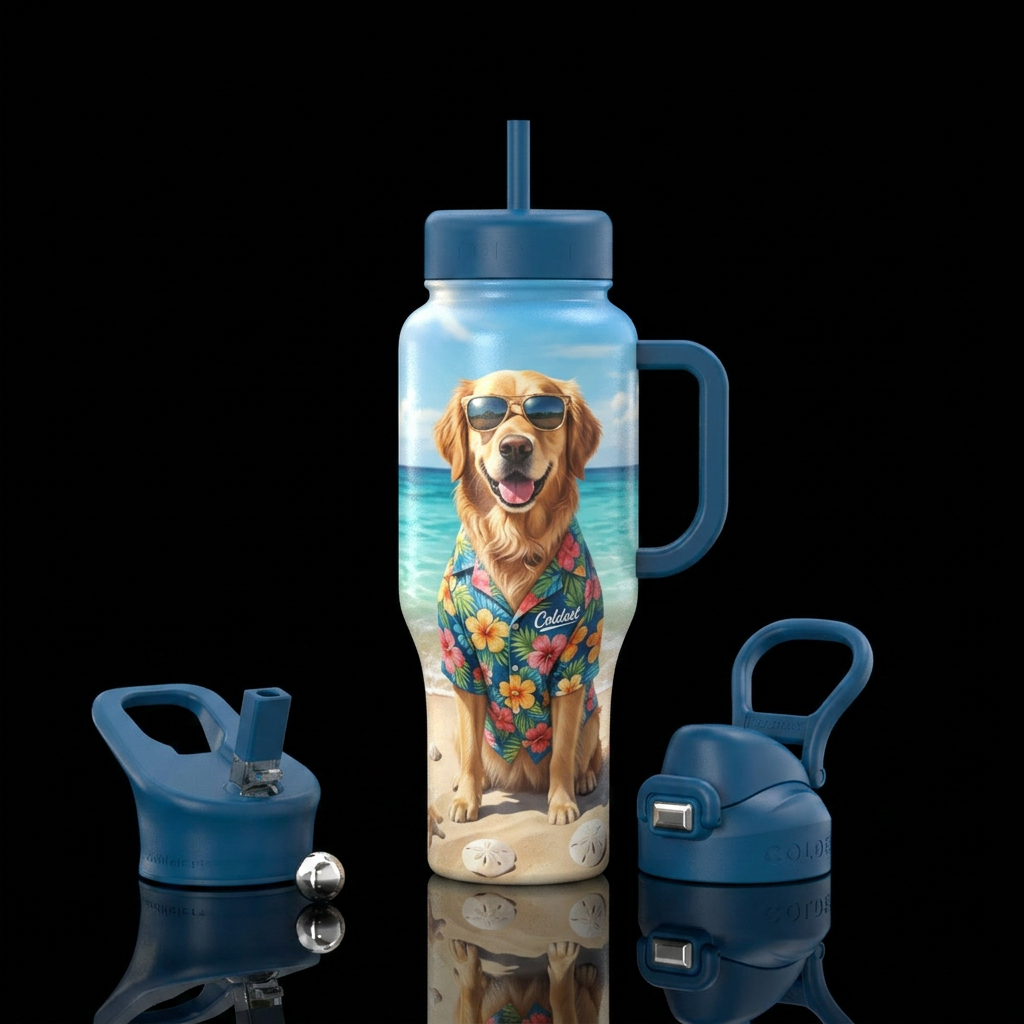 Dog at the beach water bottle design
