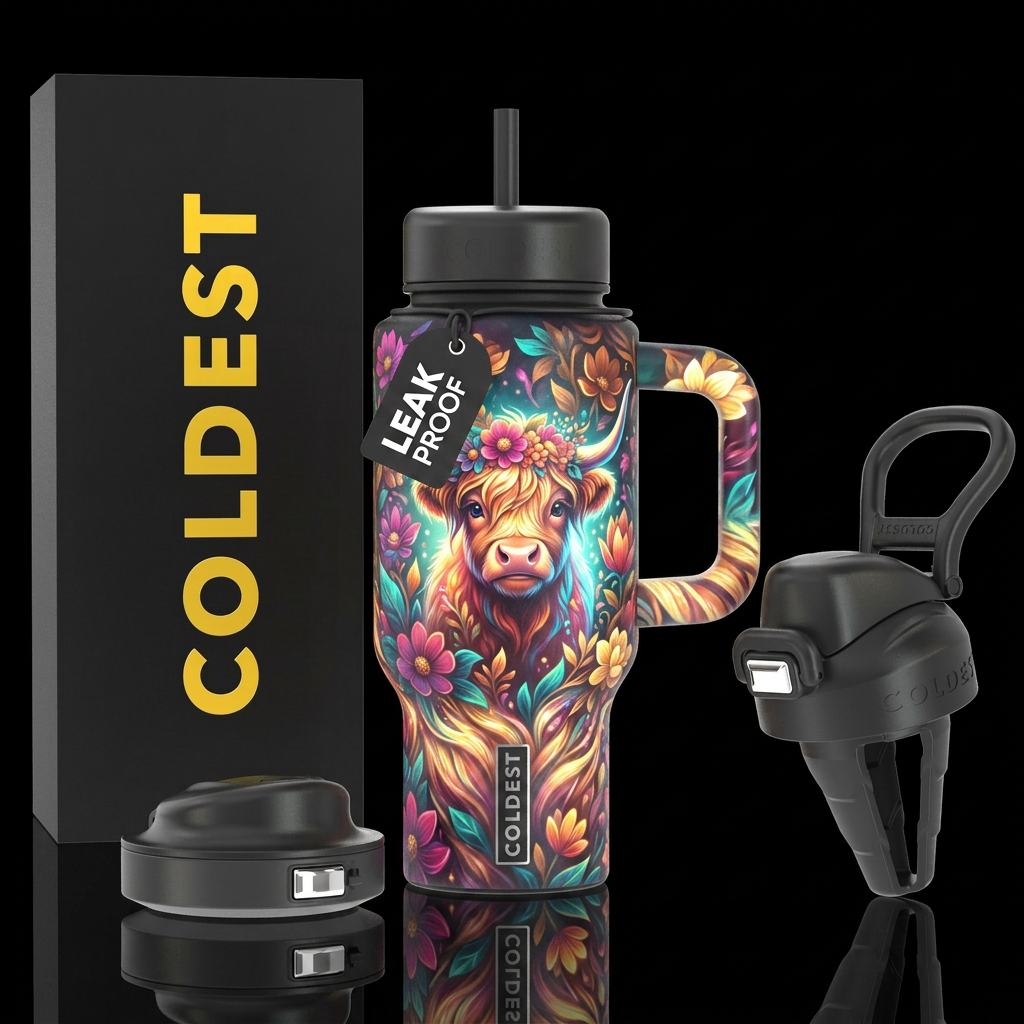 Highland cow water bottle design
