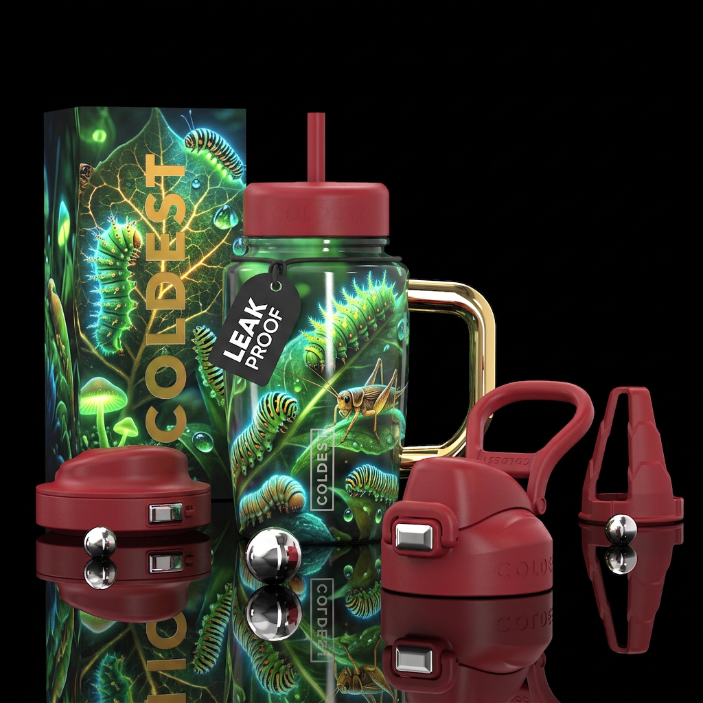 , caterpillar and cricket water bottle design