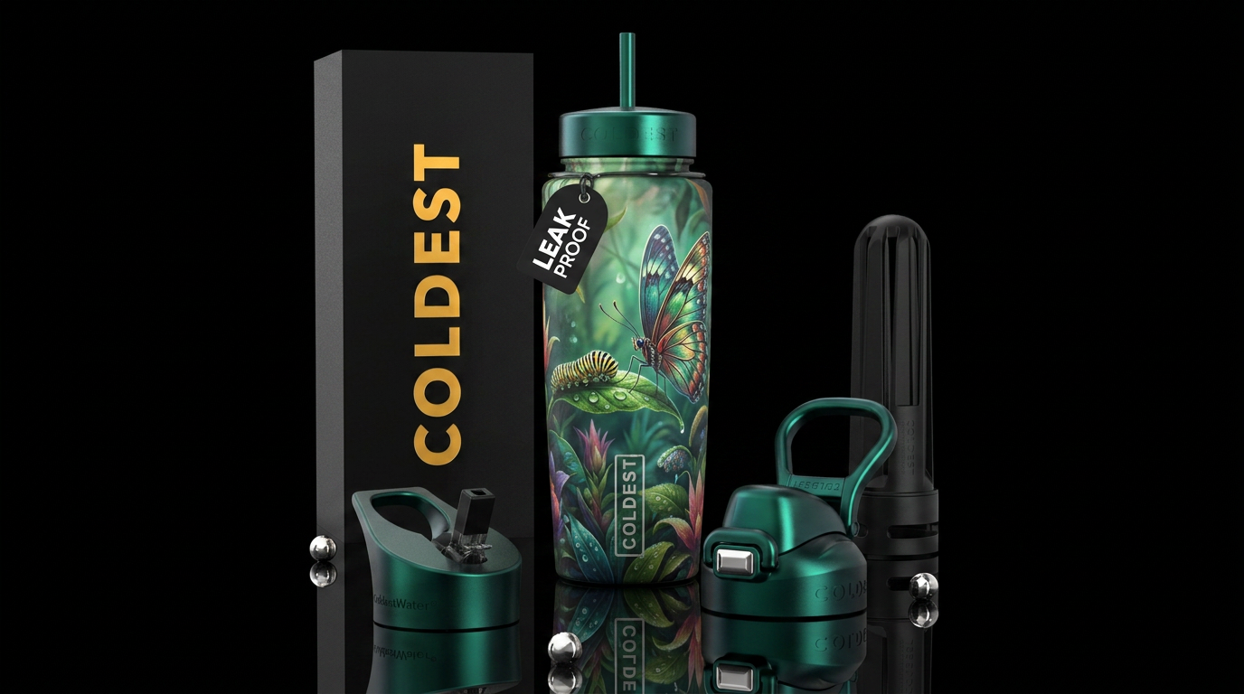 Butterfly and caterpillar water bottle design