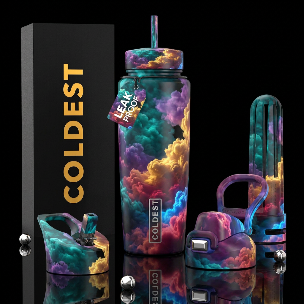 Colorful clouds water bottle design