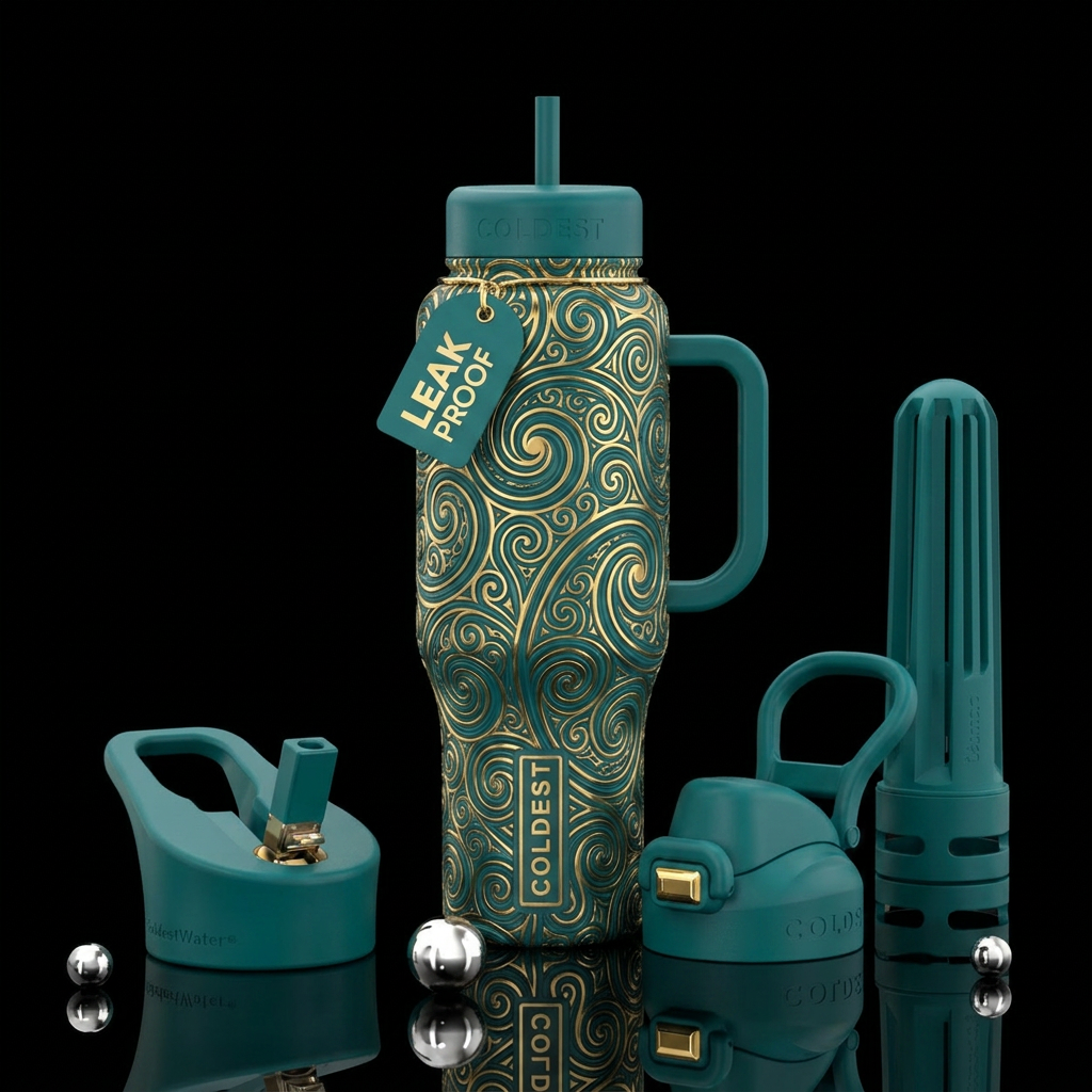 Teal and gold swirl water bottle design