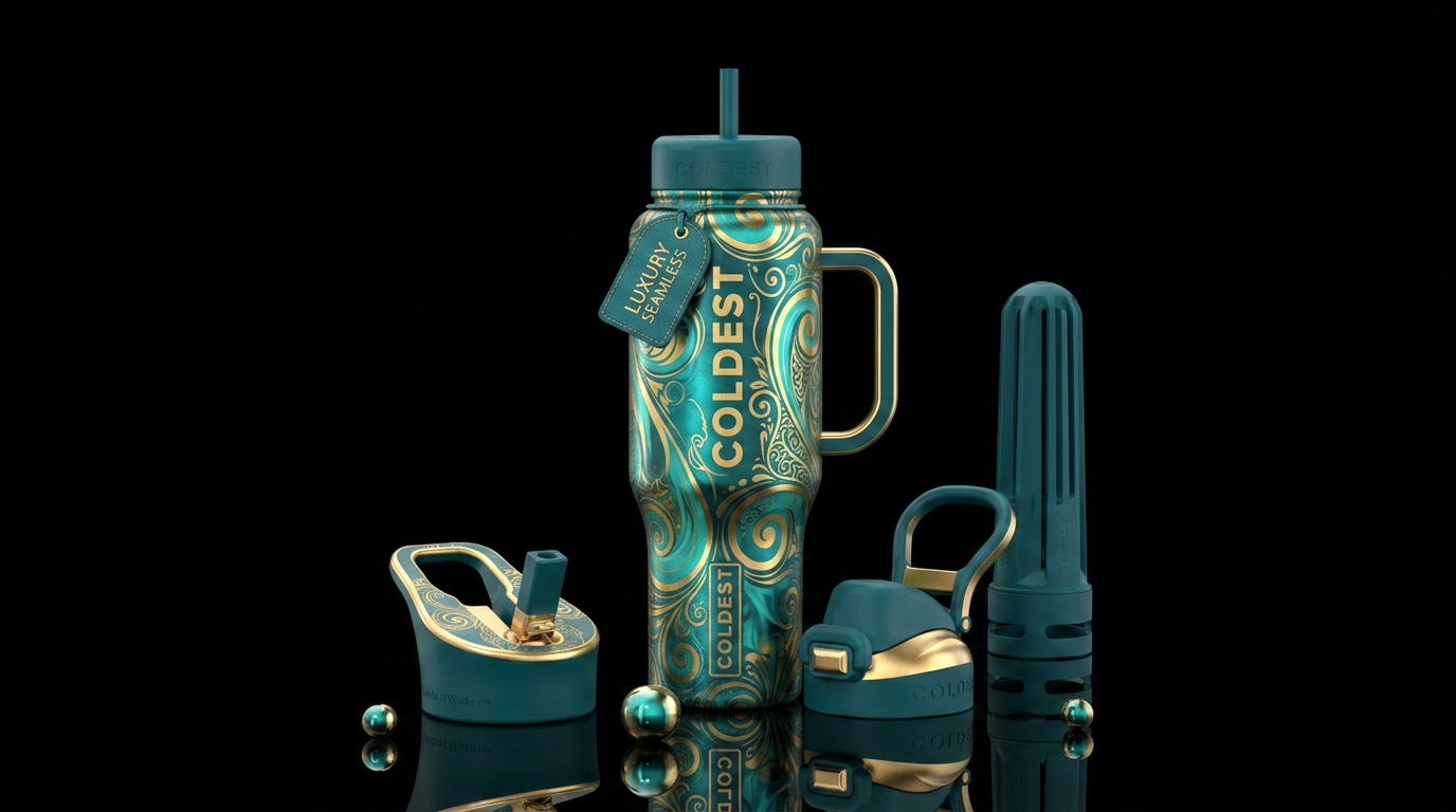 Teal and gold swirl water bottle design