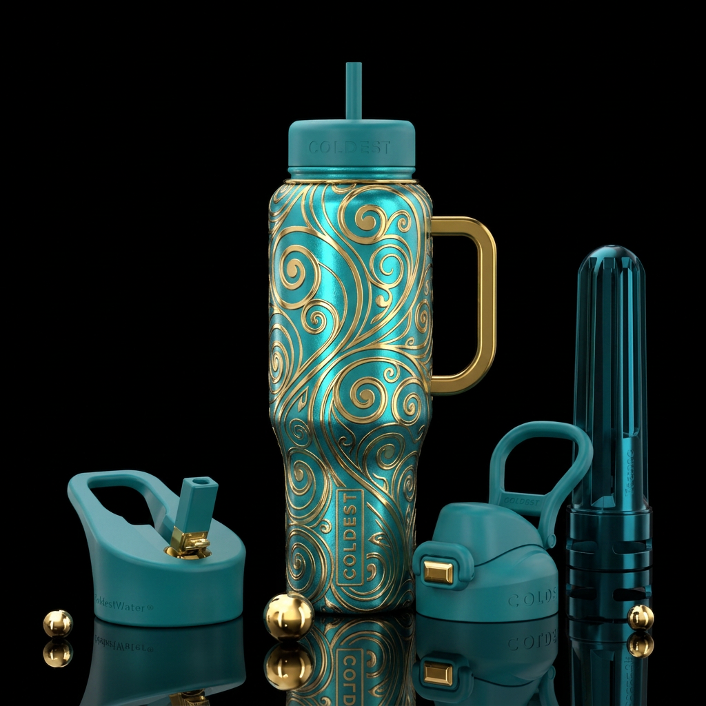 Teal and gold water bottle design