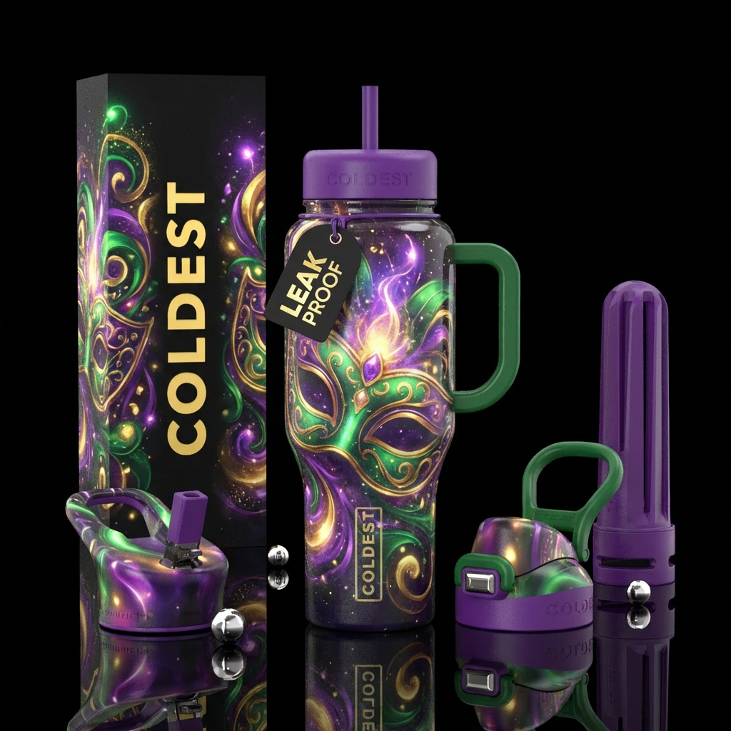 mardi gras, glowie, magic water bottle design