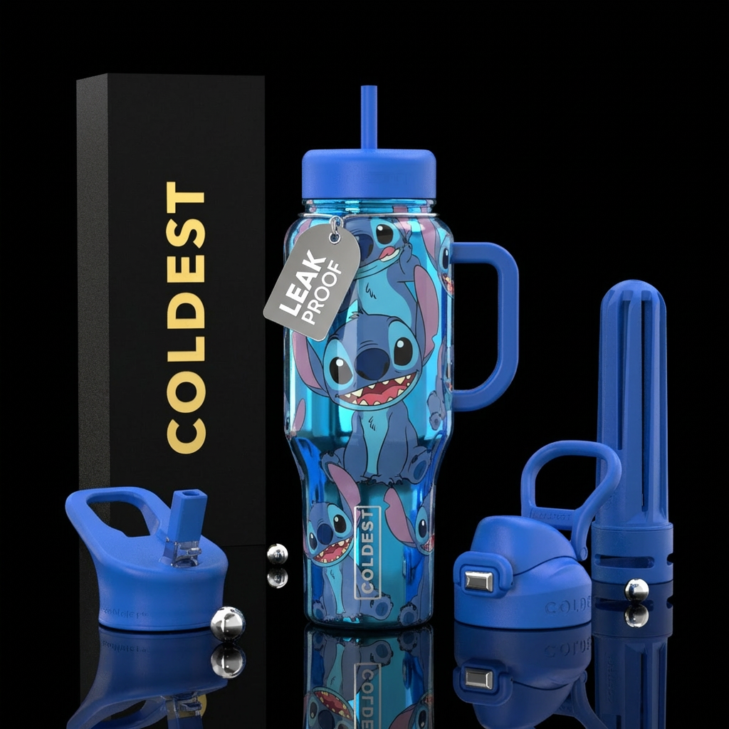 Stitch, cartoon, shiny water bottle design