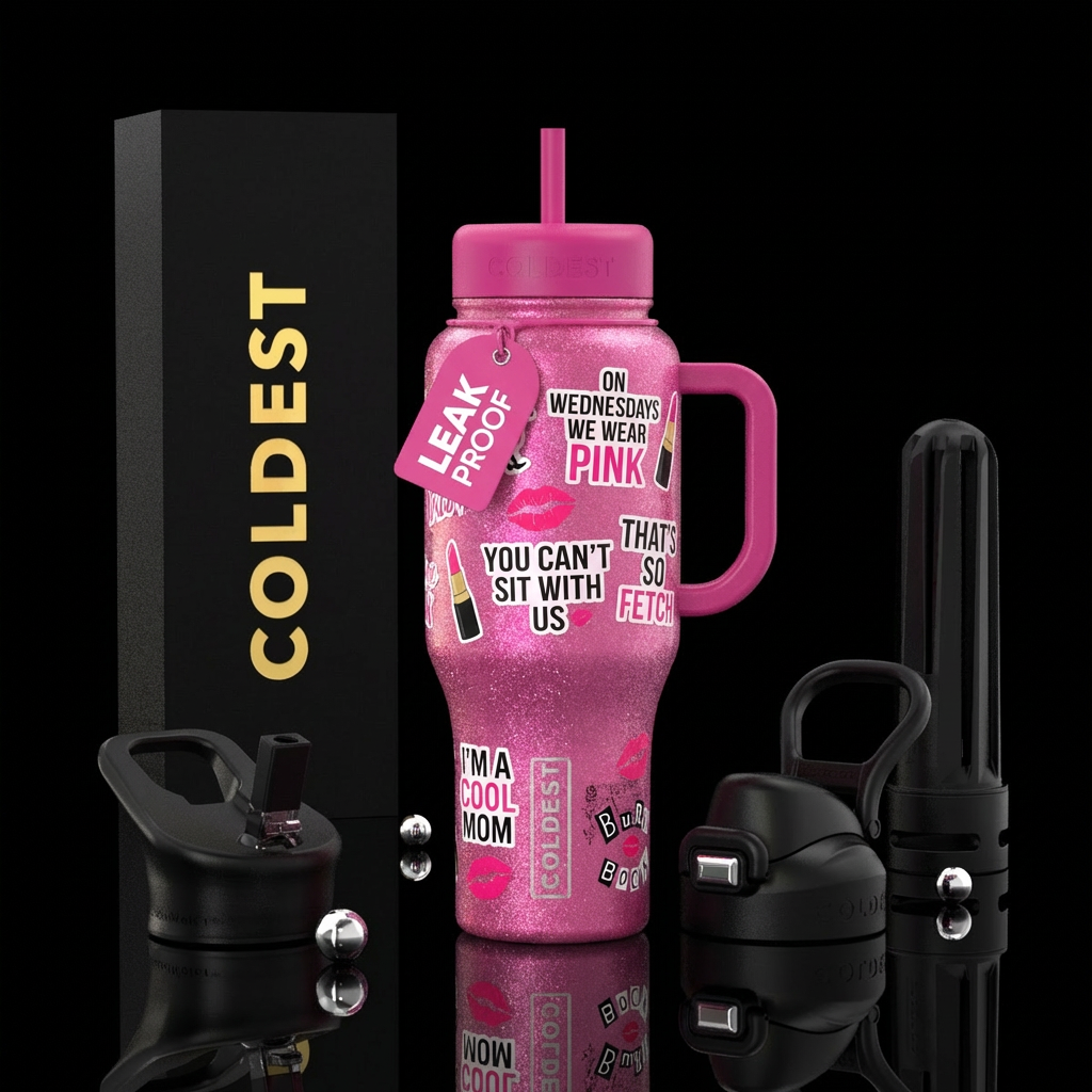 Mean Girls, pink, sparkly, quotes water bottle design