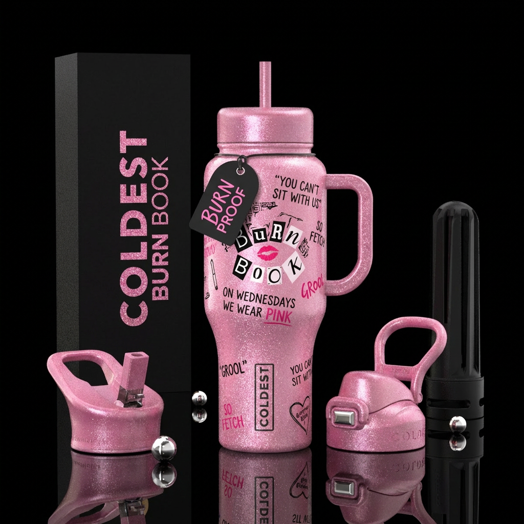 Mean Girls, pink, sparkly, quotes, Burn Book water bottle design