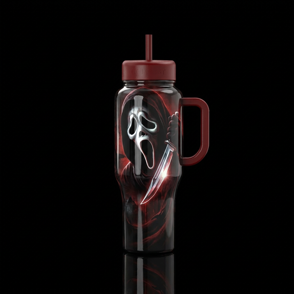 Ghostface, horror, scary, shiny knife, realism water bottle design