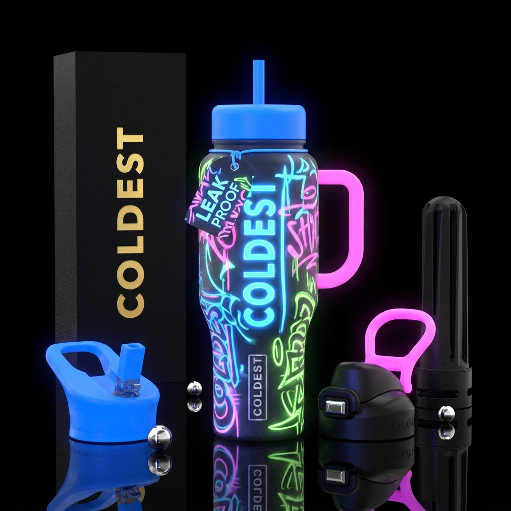 Glowie, Neon, Graffiti "Coldest", street art water bottle design