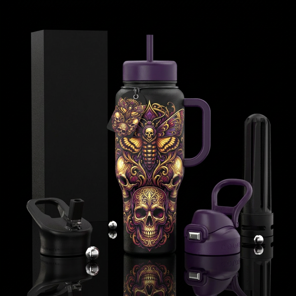 Death's head moth, Skulls, Gothic water bottle design