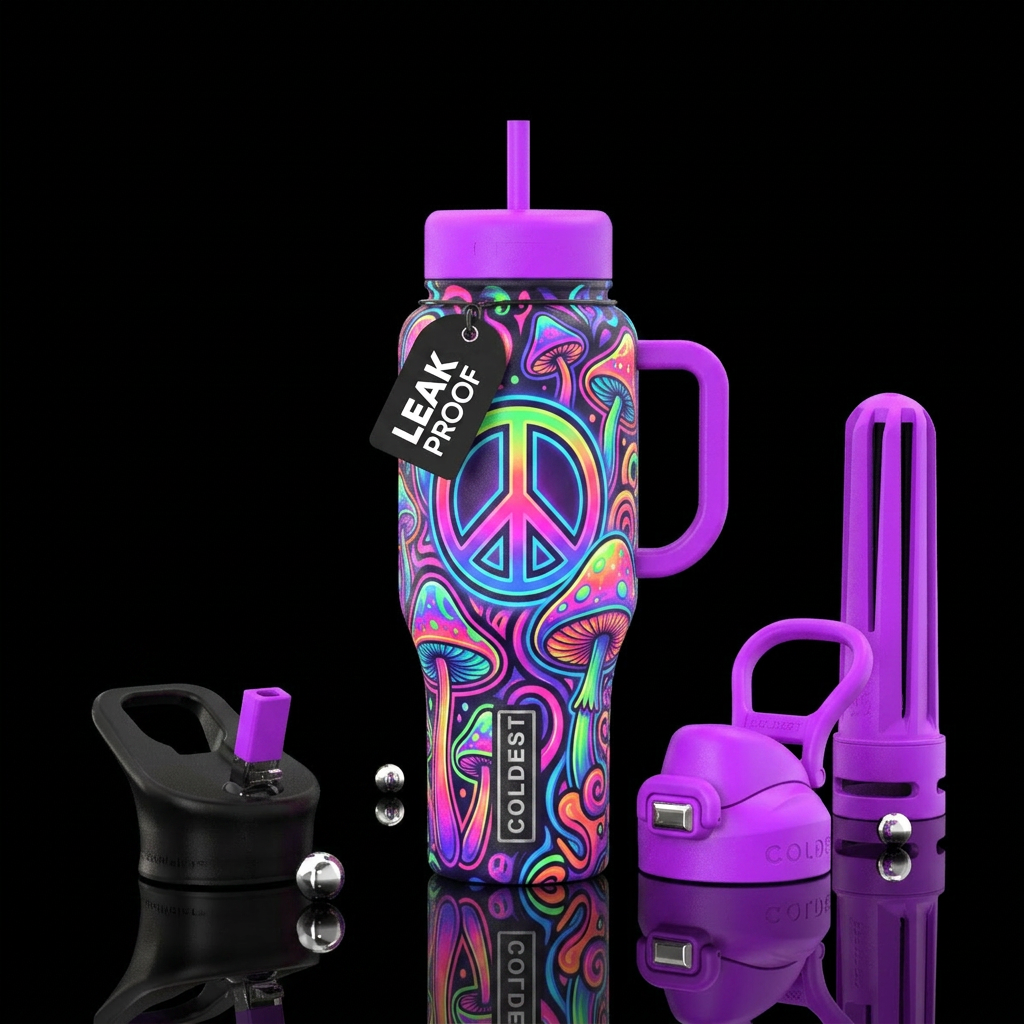 Neon, hippie, peace signs, mushrooms, psychadelic water bottle design