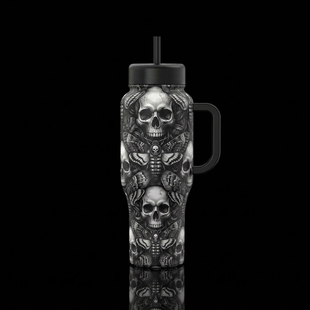 Gothic, Black, death's head moth, skulls water bottle design