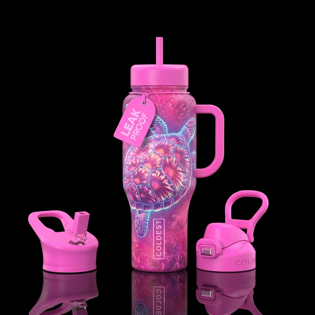 Glow turtle pink water bottle design