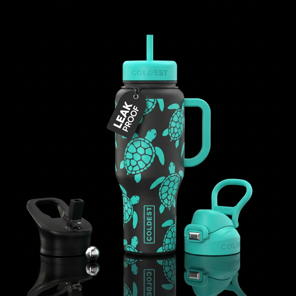 Teal turtle black cup water bottle design