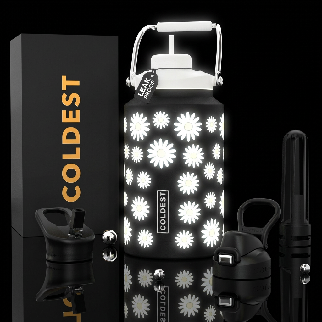 Glowing white daisies on black cup water bottle design