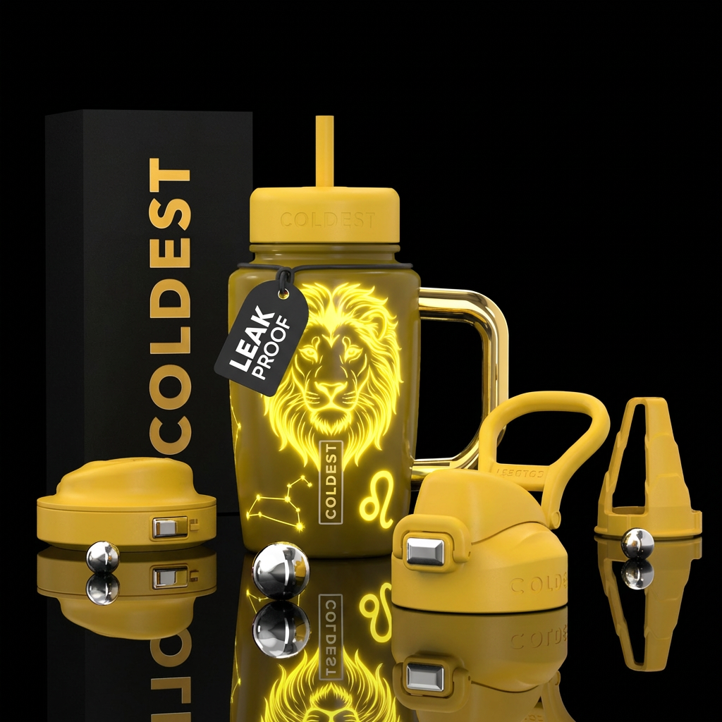 Glow zodiac Leo yellow water bottle design