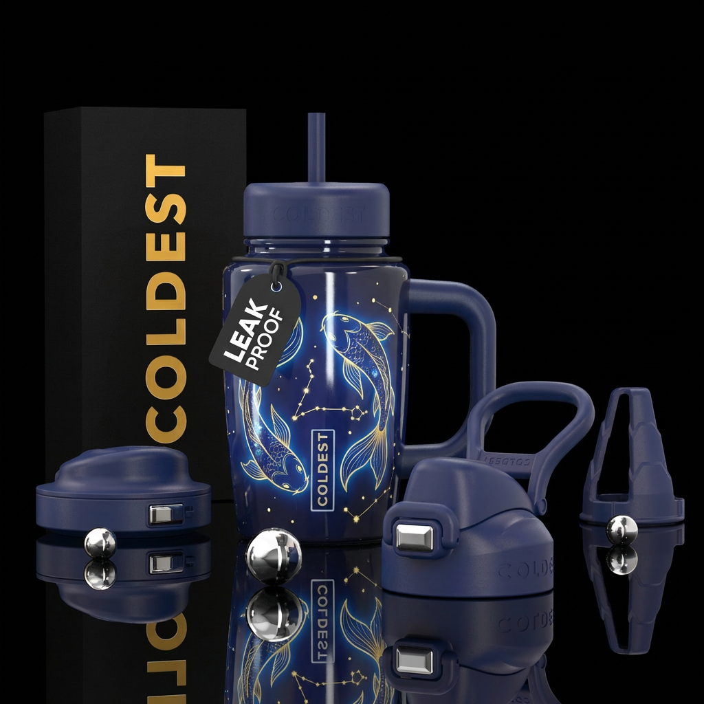 Glow zodiac Pisces navy blue water bottle design