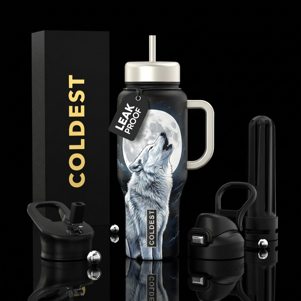 White wolf howling in front of white full moon water bottle design