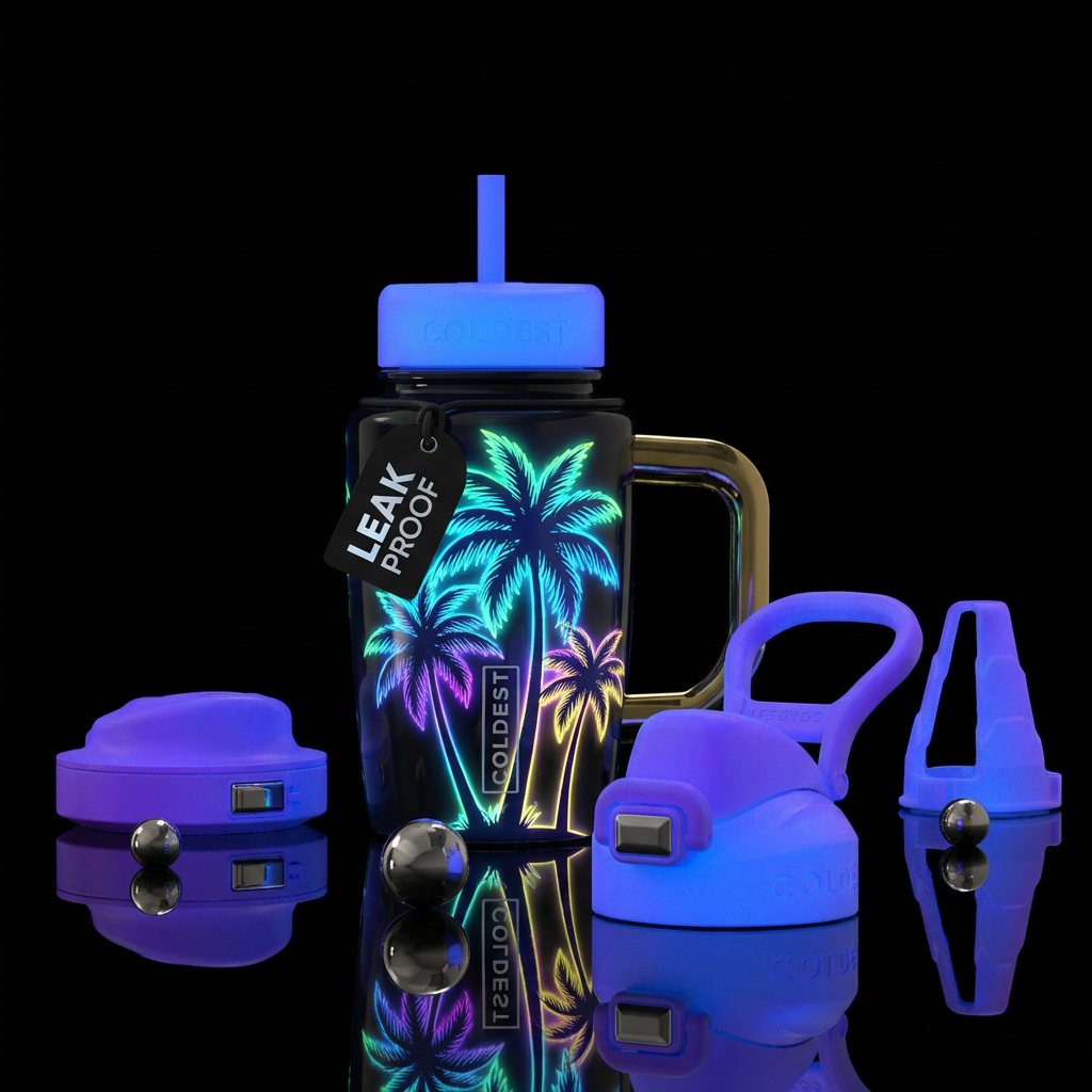 Glowie palm trees on black cup water bottle design