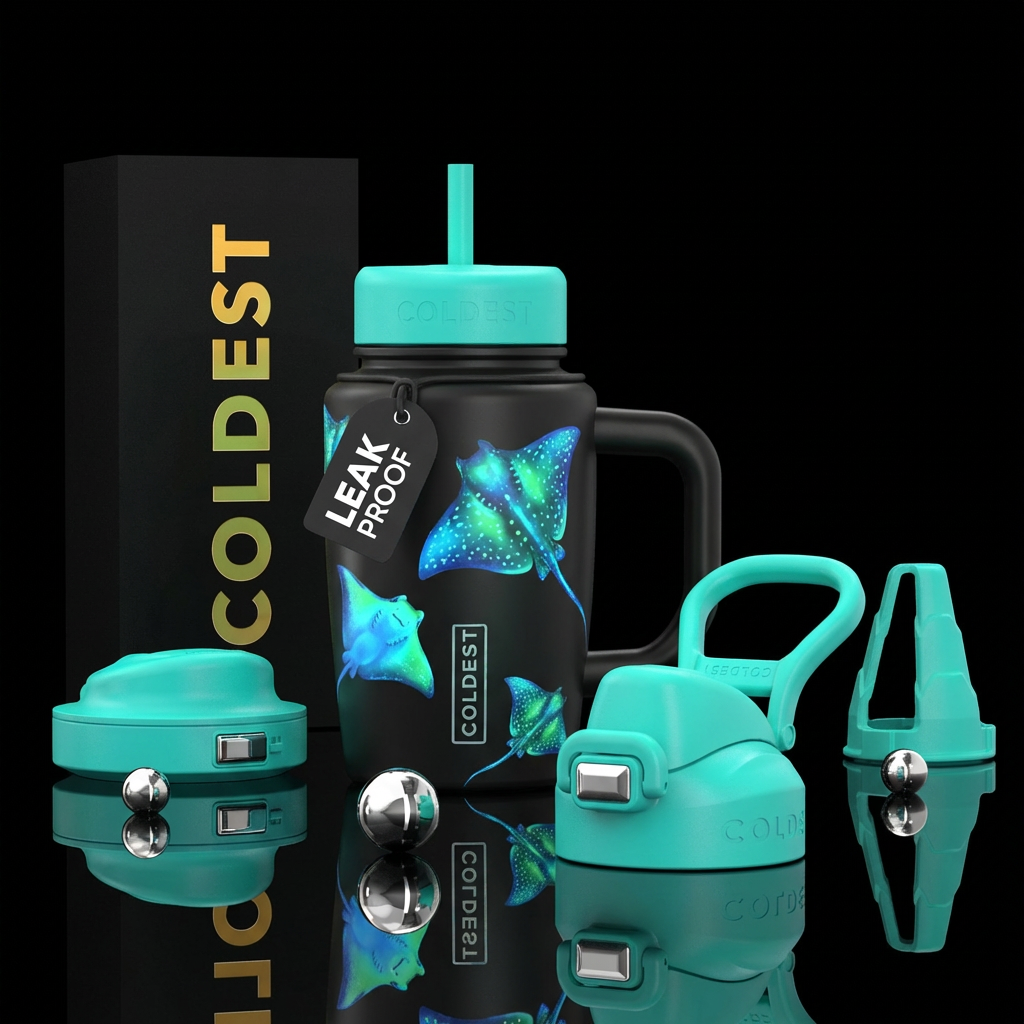 Glowie stingrays on flat black cup water bottle design