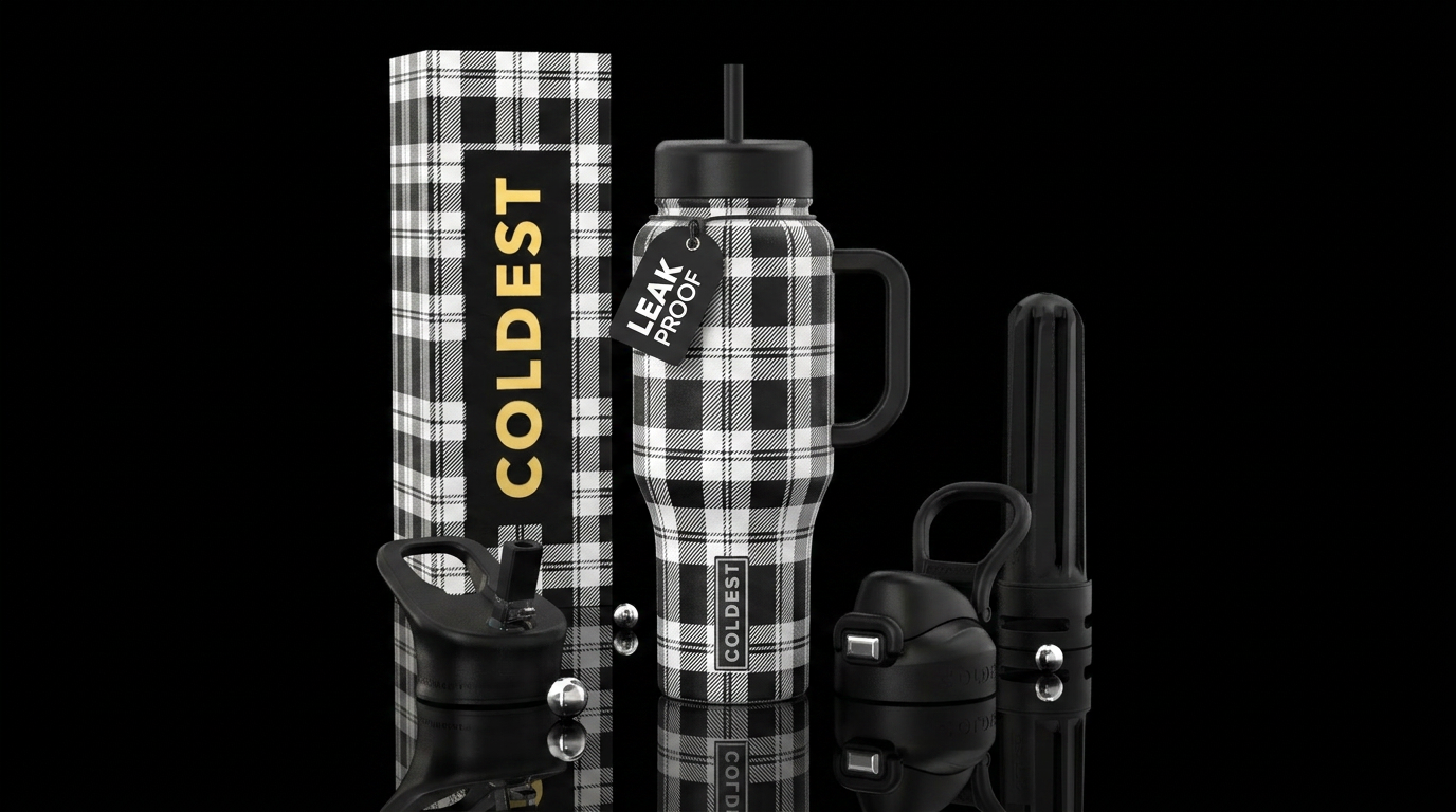 Black white plaid water bottle design