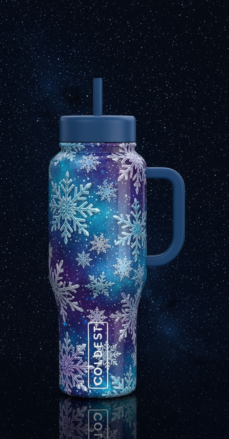 layered geometric snowflakes that radiate outward,... water bottle design
