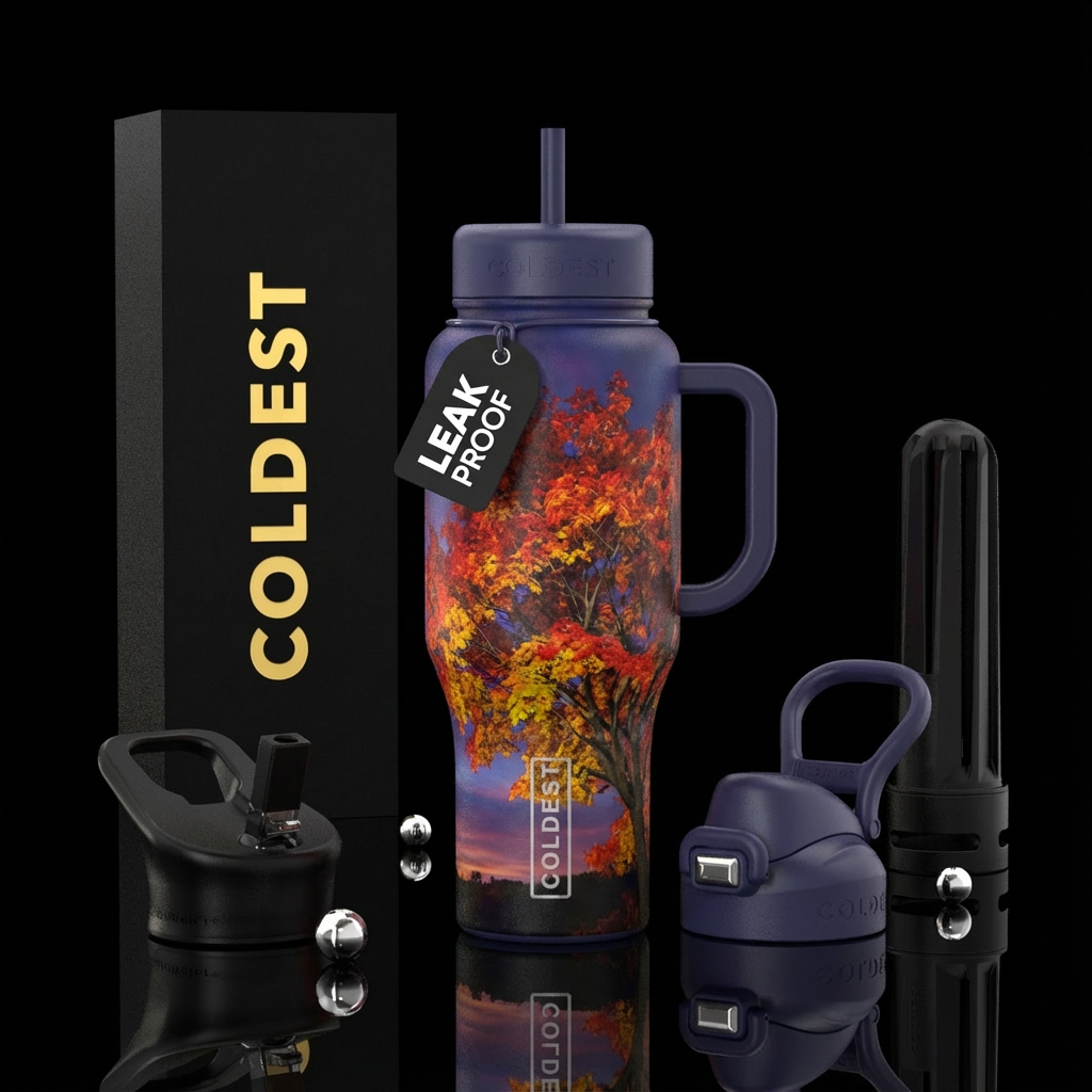 Realistic giant fall colored maple tree centered o... water bottle design