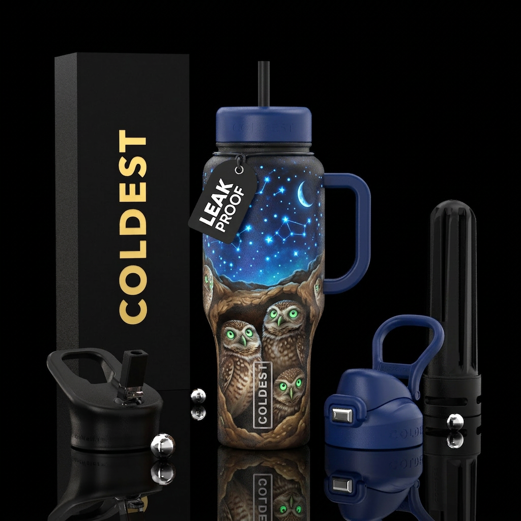 Burrowing owls popping out of their burrow to look... water bottle design