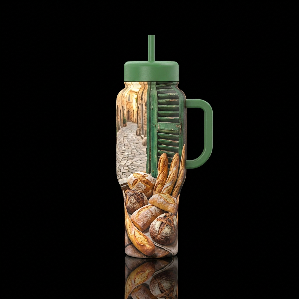 Fresh loaves of artisan bread cooling in the windo... water bottle design
