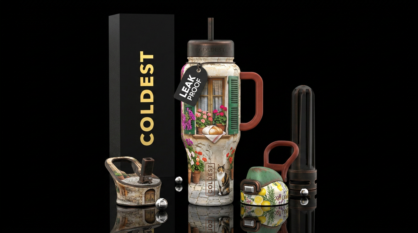 Straight view of flowers in old Italian windowsill... water bottle design