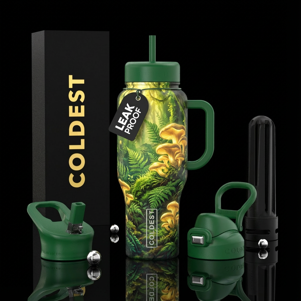 Golden oysters in a green forest with ferns water bottle design