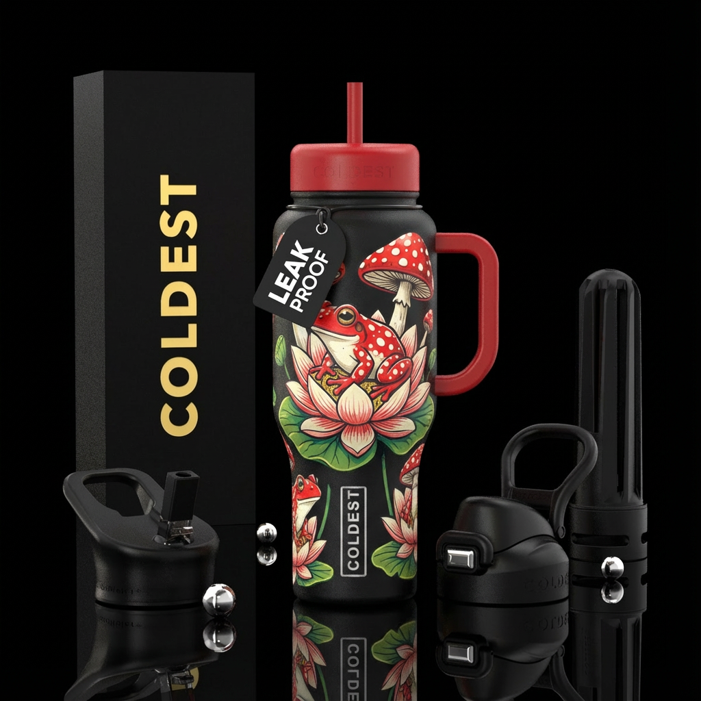 Red and white speckled mushroom frog on a lotus fl... water bottle design