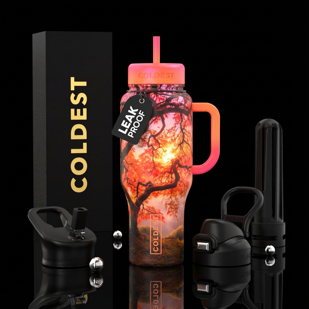 A Japanese maple tree in the fog backlit by an ora... water bottle design