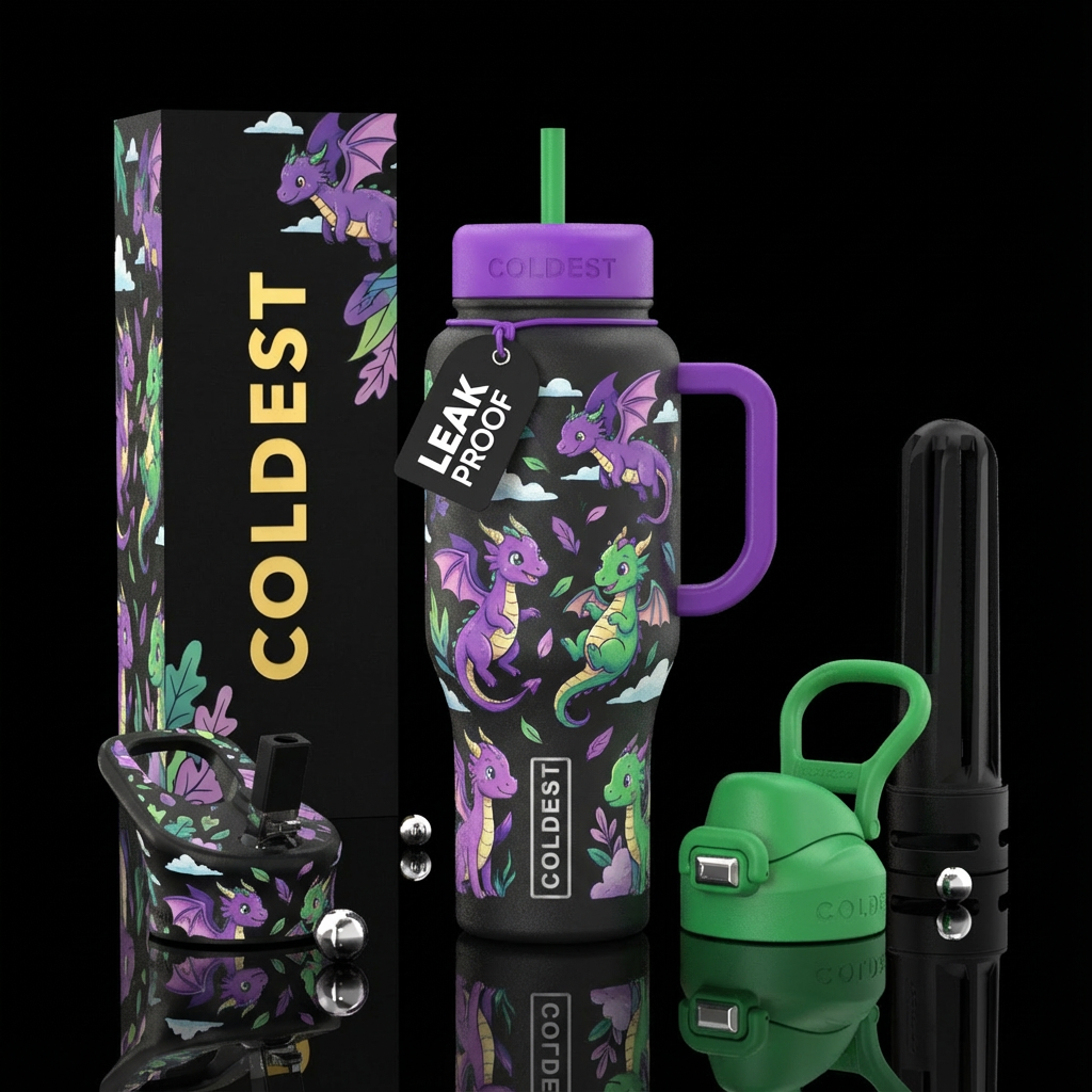 Family of tiny purple and green dragons water bottle design