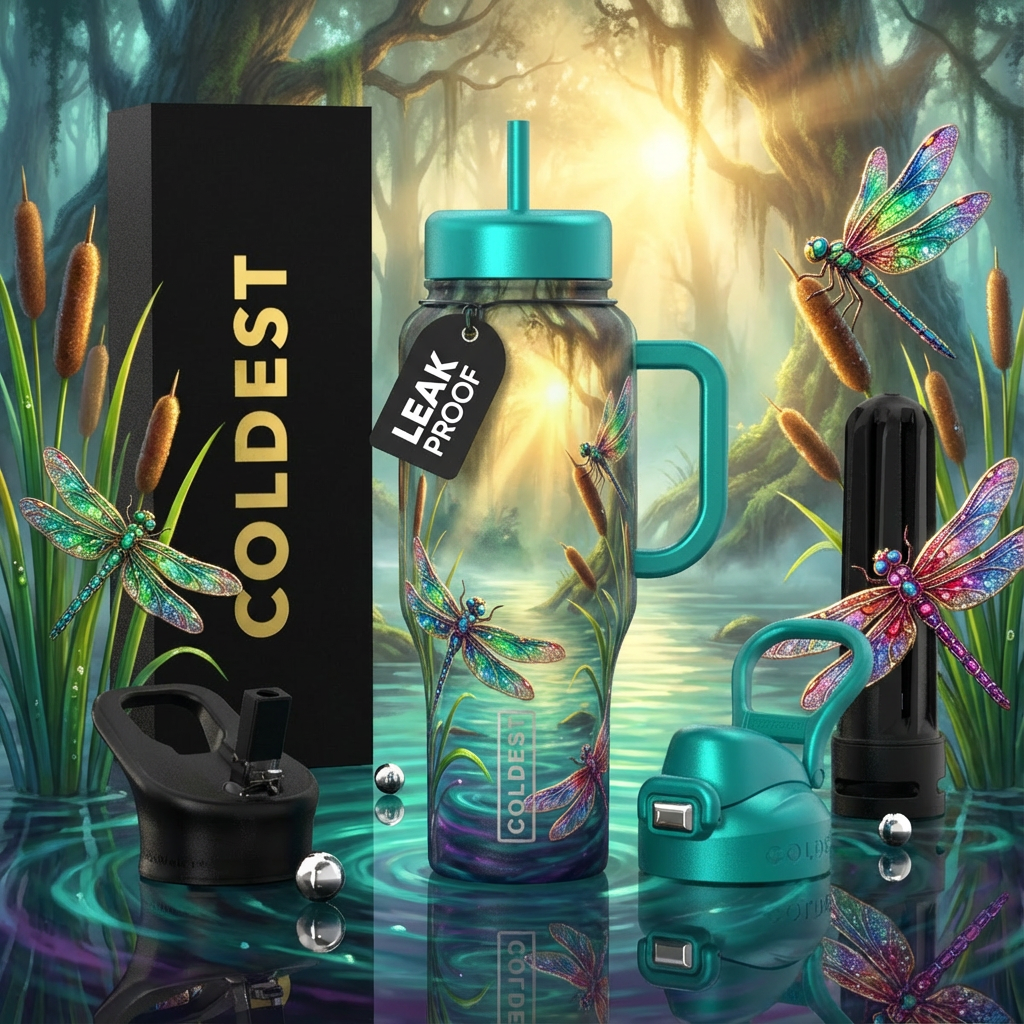 Enchanted mystical swamp lined with cat tail plant... water bottle design