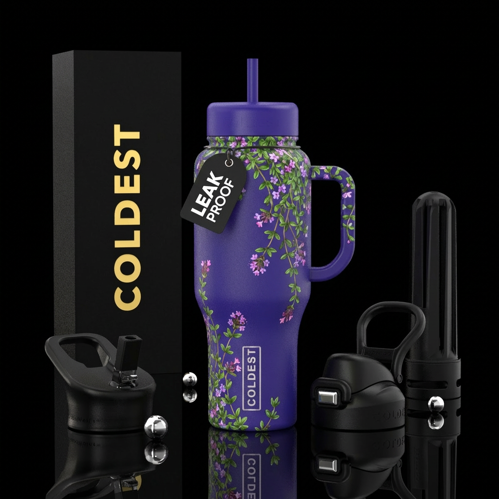 Bottle color royal purple with creeping thyme casc... water bottle design