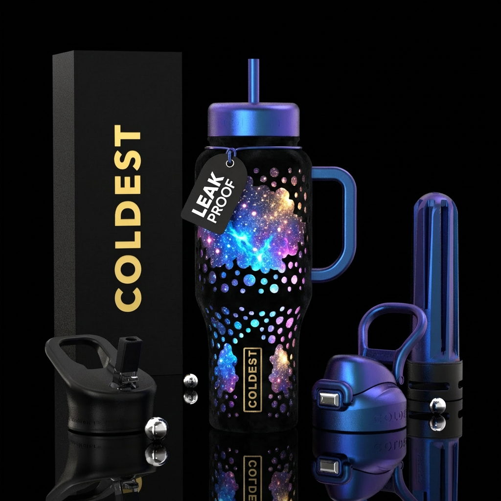 The sky resembles a black lit canopy with holes pu... water bottle design