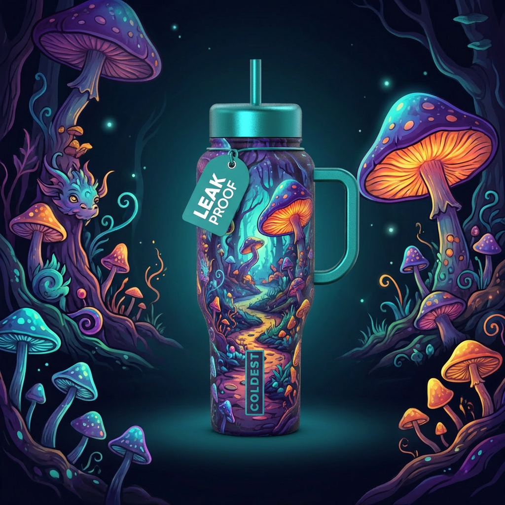 Magical mushroom tour water bottle design