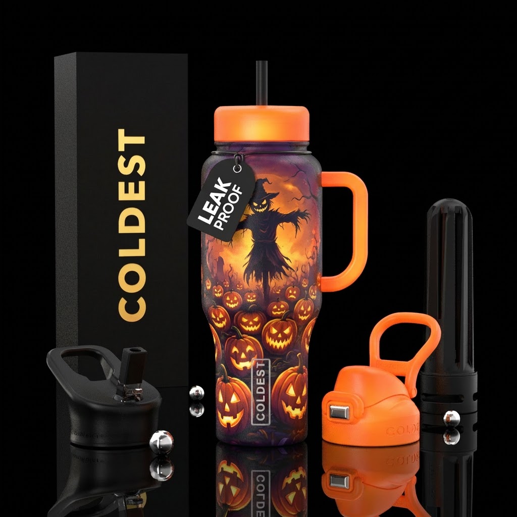 Glowing jack-o'-lanterns, in a patch, creepy scare... water bottle design