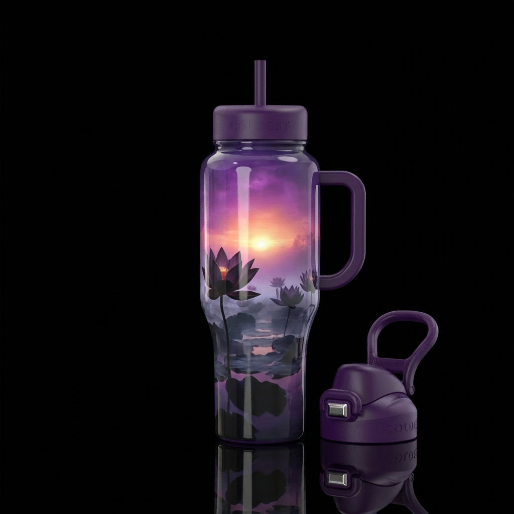 Dark lotus, misty pond, purple sky with glowing su... water bottle design