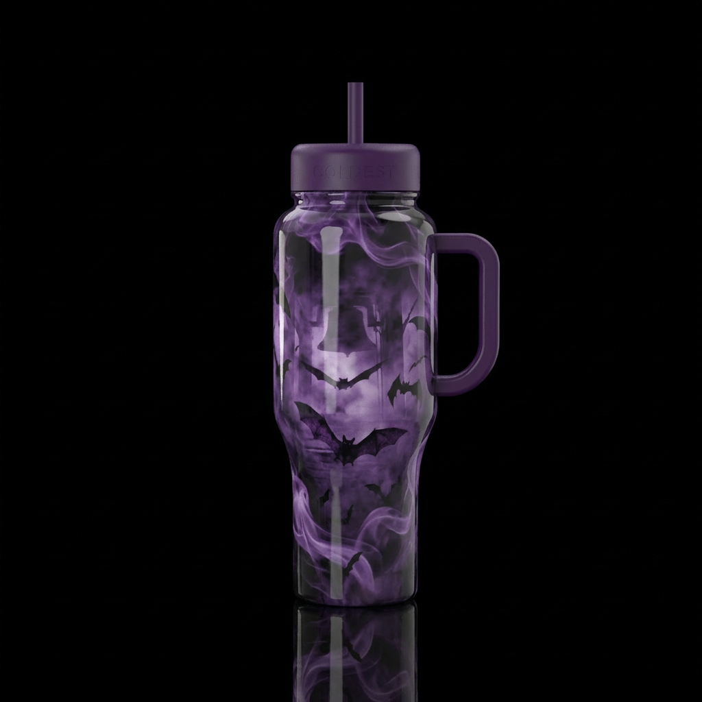 Bats in the belfry, smoky haze , creepy purple water bottle design